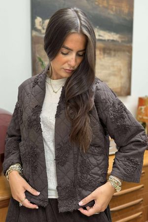 Cabbage Rose Cotton Quilted Jacket Coffee Bean
